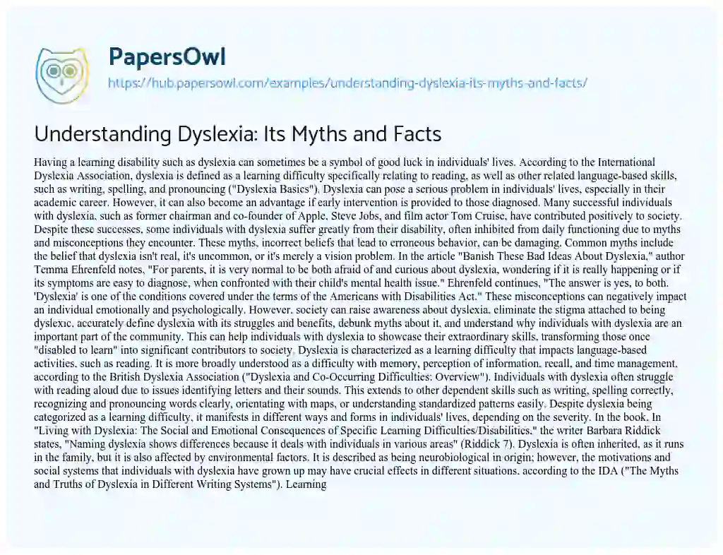 Essay on Understanding Dyslexia: Its Myths and Facts