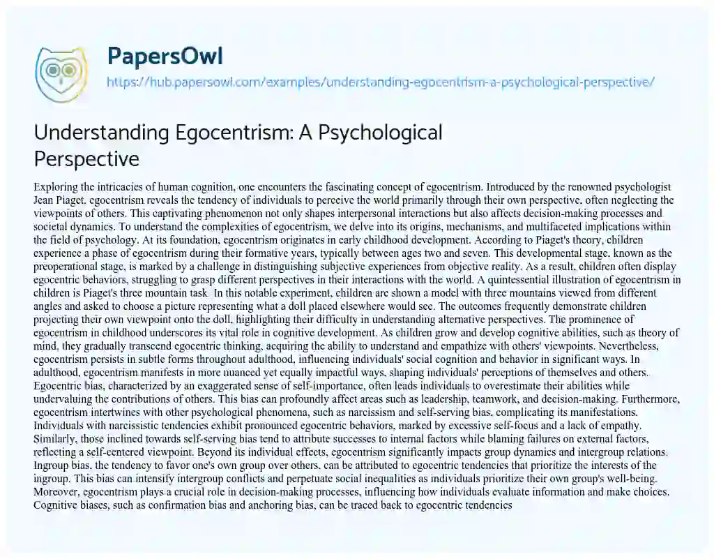 Essay on Understanding Egocentrism: A Psychological Perspective