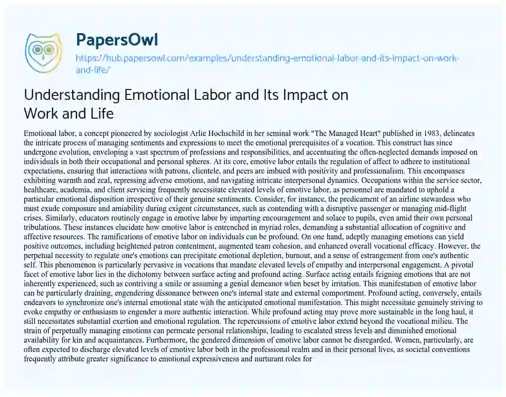 Essay on Understanding Emotional Labor and Its Impact on Work and Life