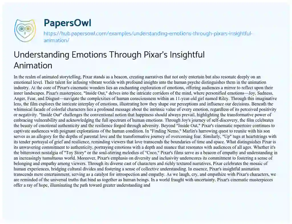 Essay on Understanding Emotions Through Pixar’s Insightful Animation