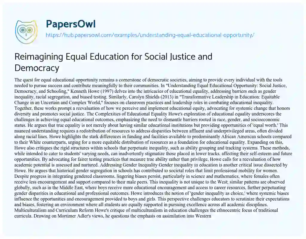 Essay on Reimagining Equal Education for Social Justice and Democracy