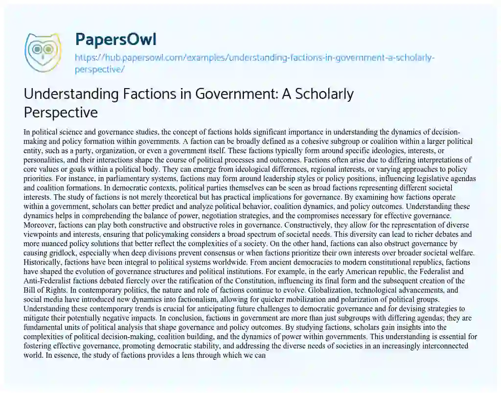 Essay on Understanding Factions in Government: A Scholarly Perspective