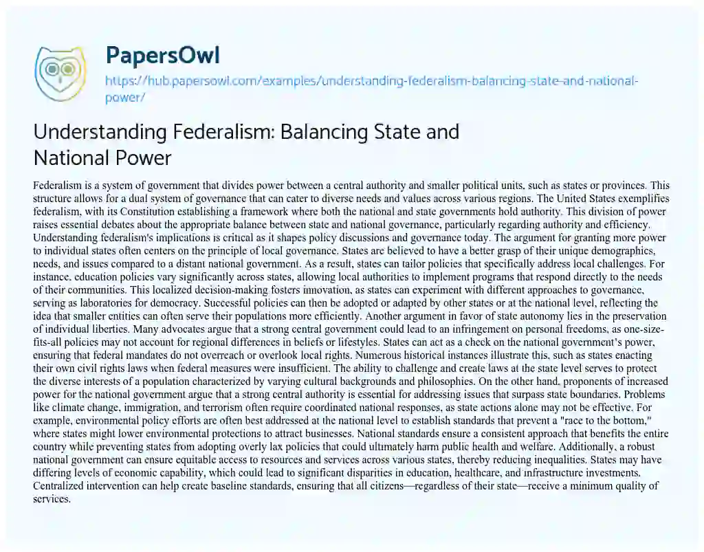 Essay on Understanding Federalism: Balancing State and National Power