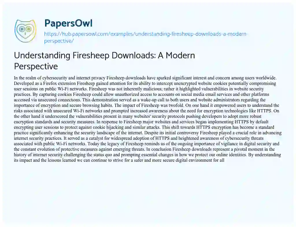 Essay on Understanding Firesheep Downloads: A Modern Perspective