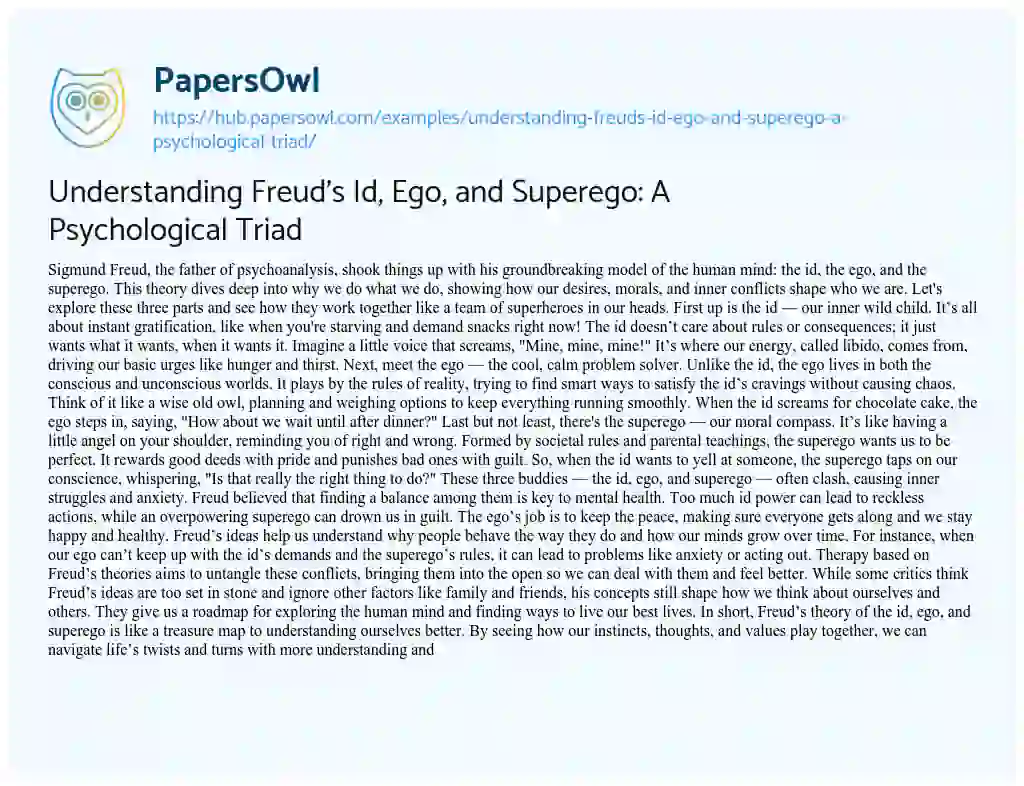 Essay on Understanding Freud’s Id, Ego, and Superego: A Psychological Triad