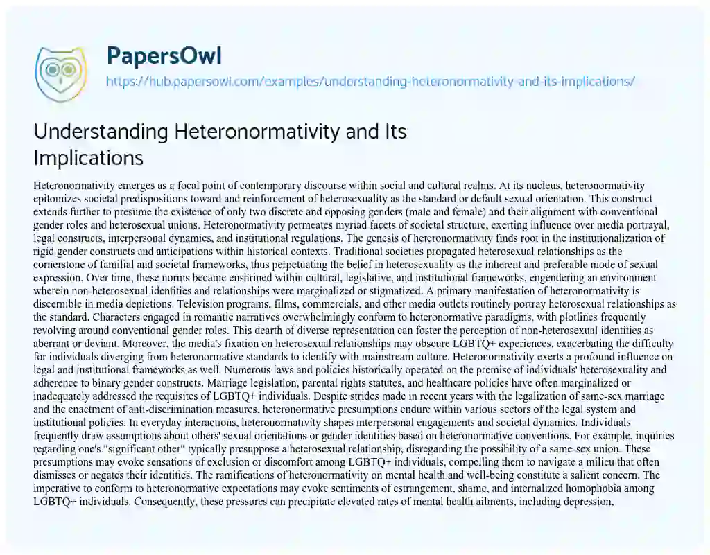 Essay on Understanding Heteronormativity and Its Implications