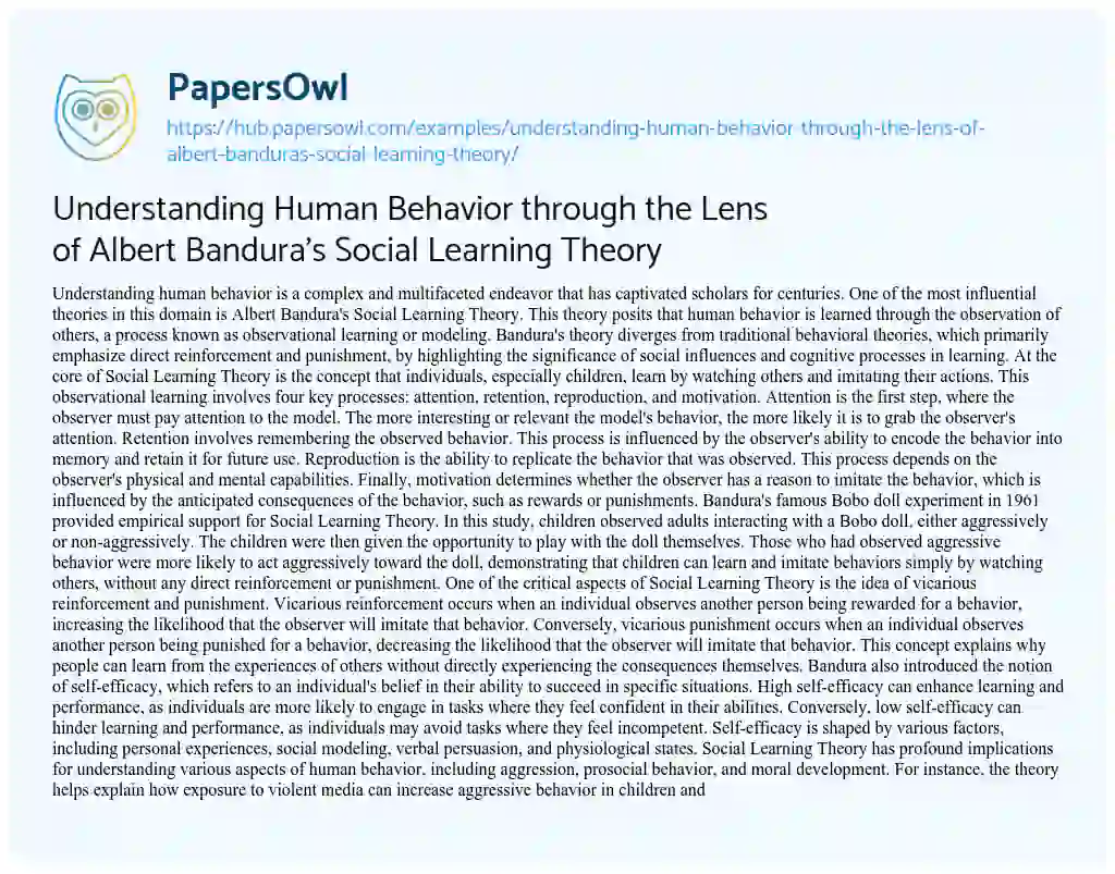 Essay on Understanding Human Behavior through the Lens of Albert Bandura’s Social Learning Theory
