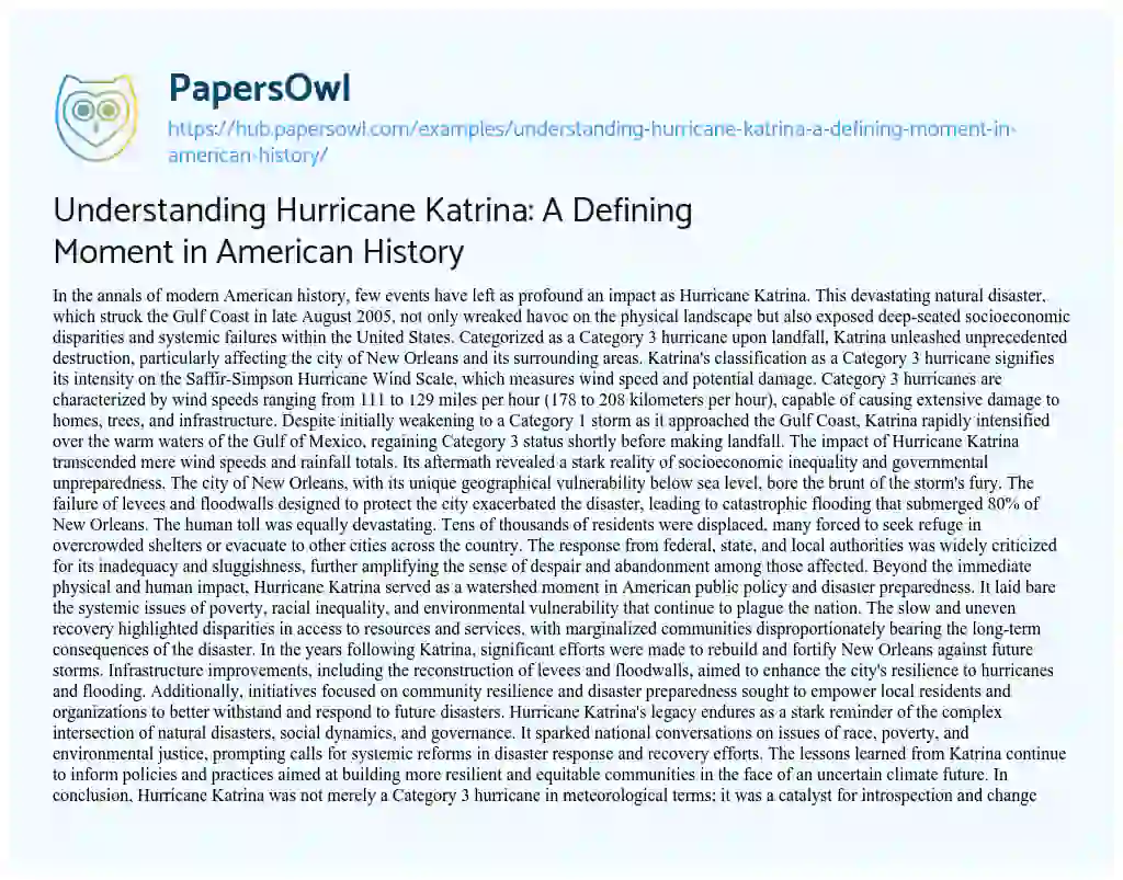 Essay on Understanding Hurricane Katrina: A Defining Moment in American History