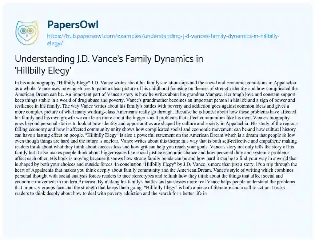 Essay on Understanding J.D. Vance’s Family Dynamics in ‘Hillbilly Elegy’