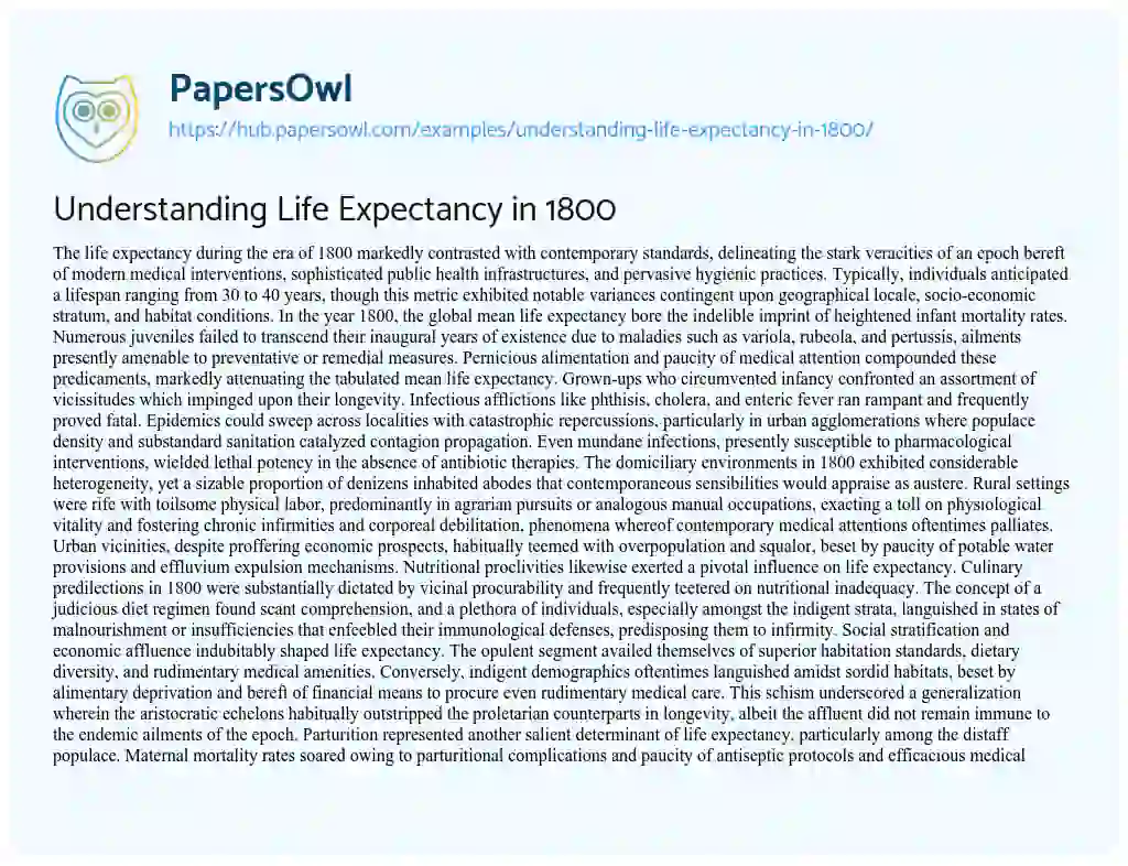 Essay on Understanding Life Expectancy in 1800