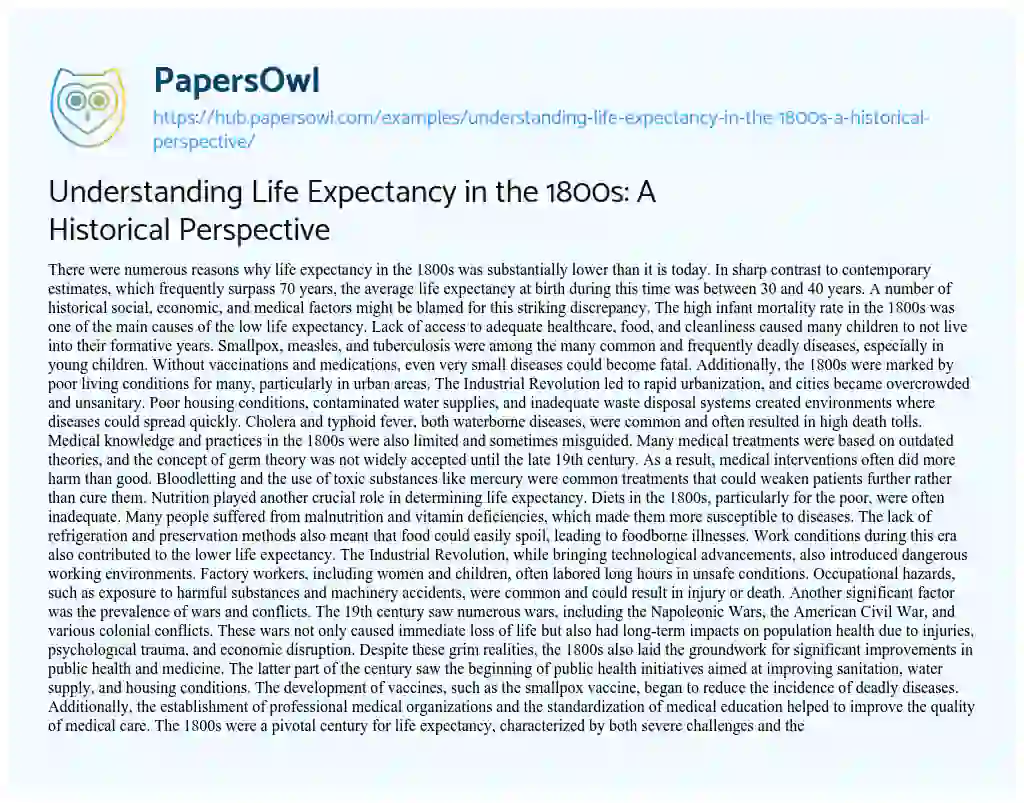Essay on Understanding Life Expectancy in the 1800s: A Historical Perspective