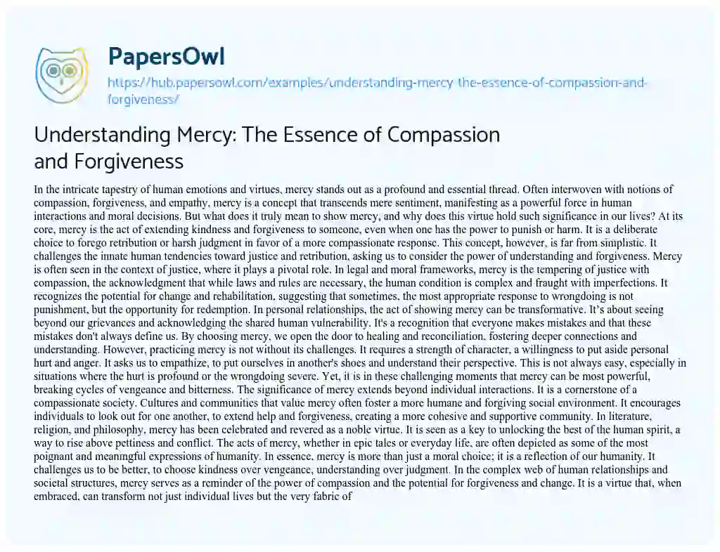 Essay on Understanding Mercy: The Essence of Compassion and Forgiveness