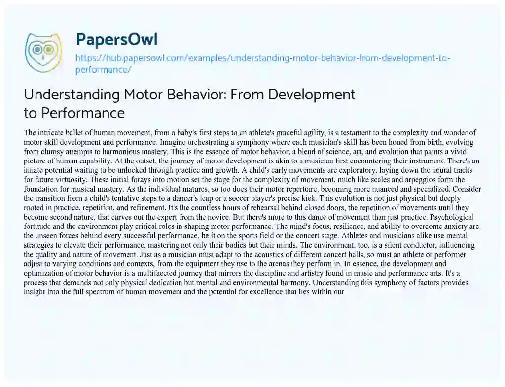 Essay on Understanding Motor Behavior: From Development to Performance