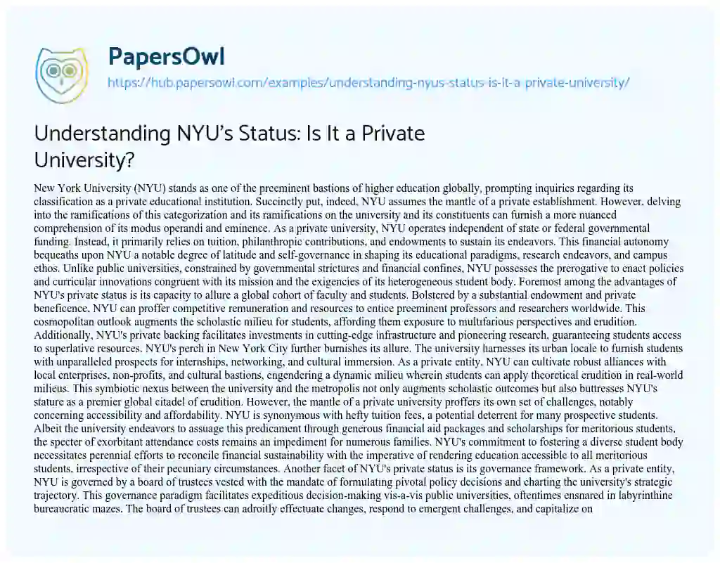 Essay on Understanding NYU’s Status: Is It a Private University?