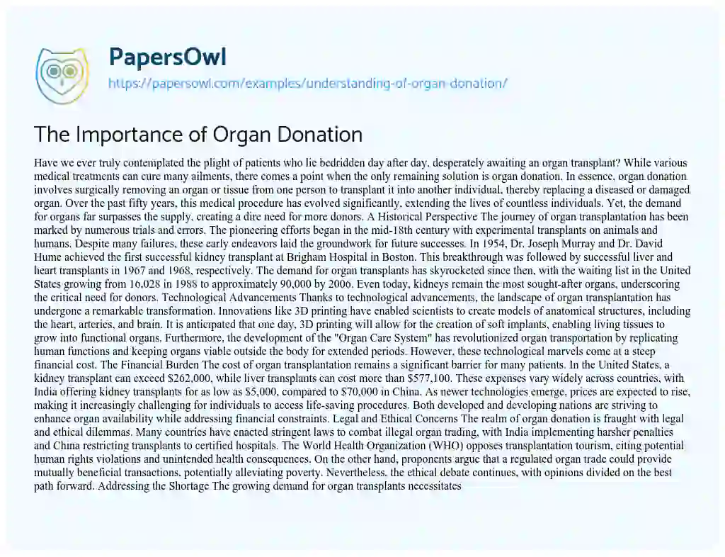 Essay on The Importance of Organ Donation