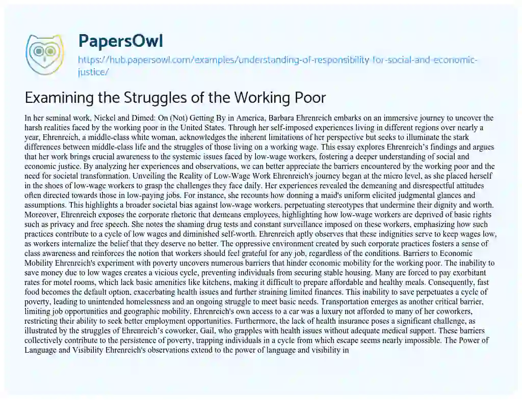 Essay on Examining the Struggles of the Working Poor