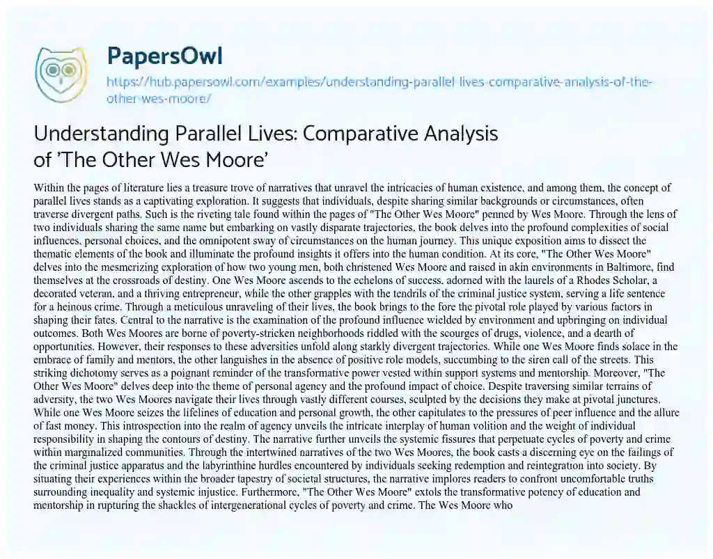 Essay on Understanding Parallel Lives: Comparative Analysis of ‘The Other Wes Moore’