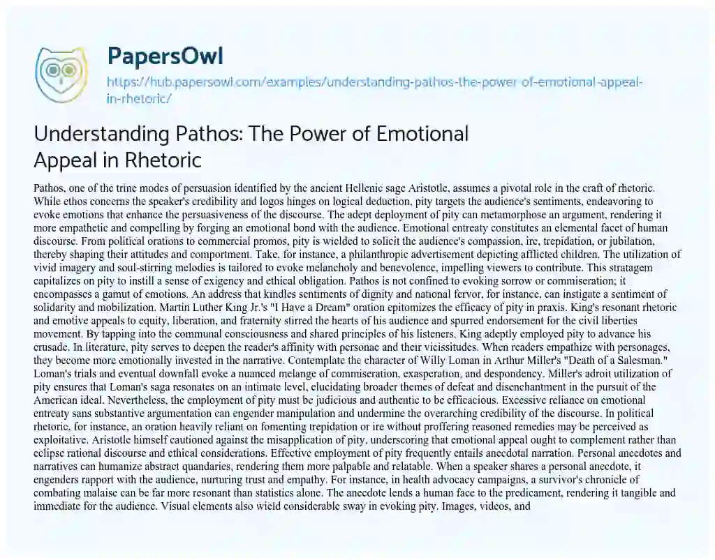 Essay on Understanding Pathos: The Power of Emotional Appeal in Rhetoric