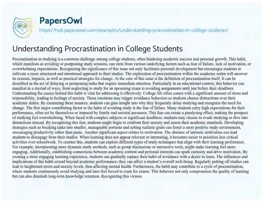 Essay on Understanding Procrastination in College Students