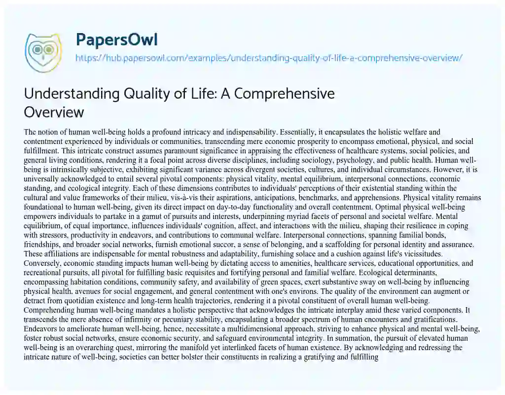 Essay on Understanding Quality of Life: A Comprehensive Overview