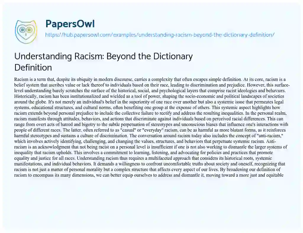 Essay on Understanding Racism: Beyond the Dictionary Definition