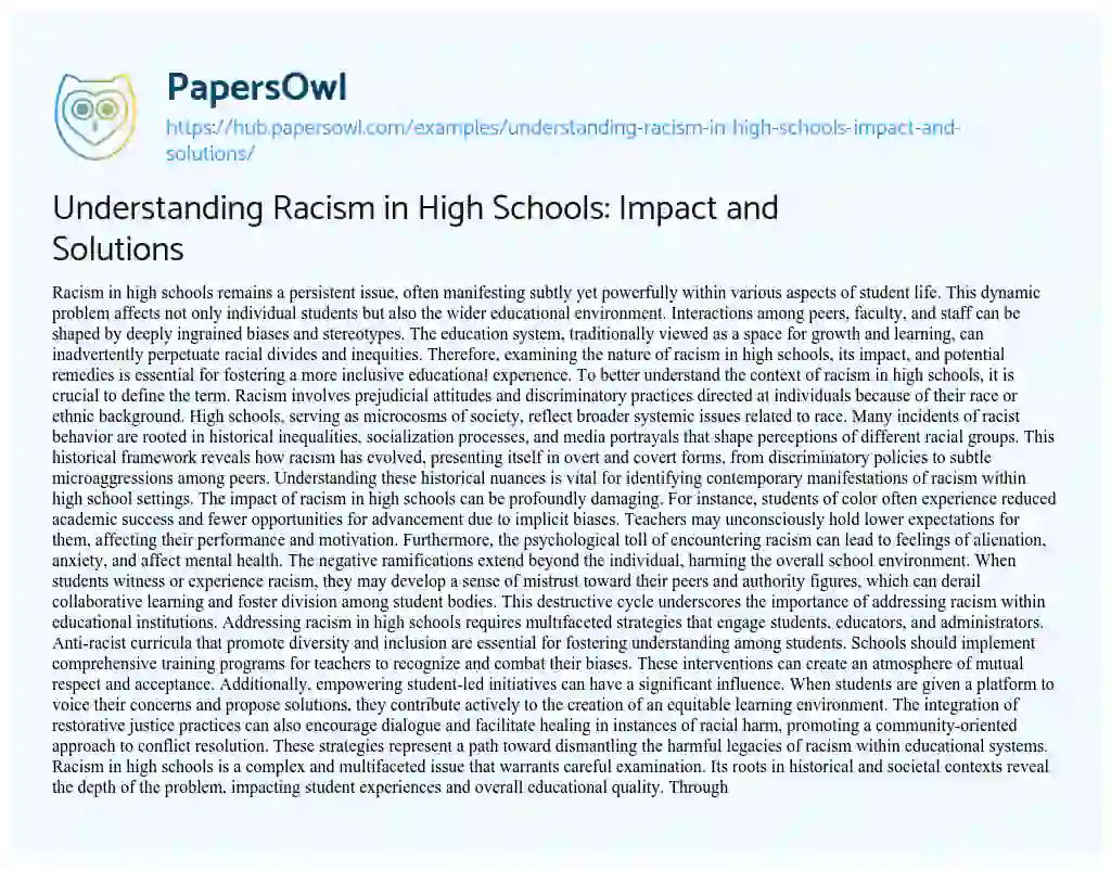 Essay on Understanding Racism in High Schools: Impact and Solutions