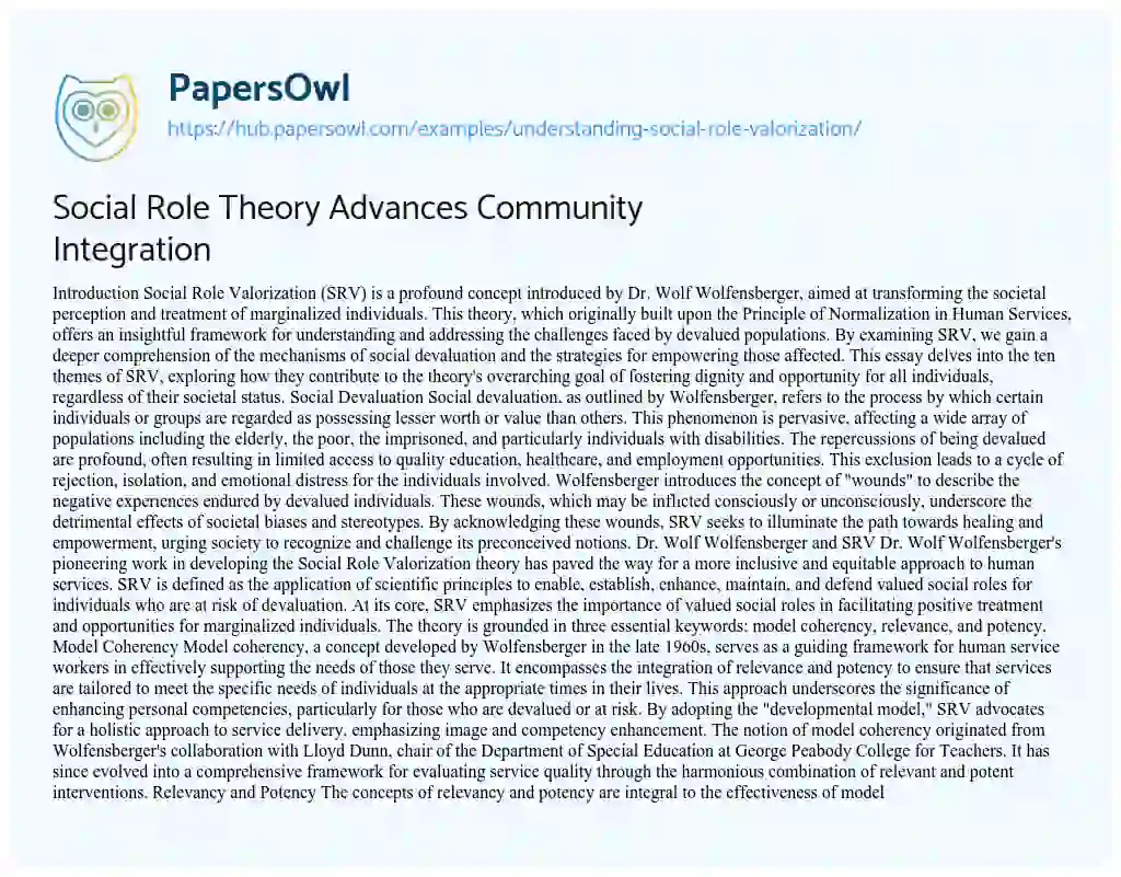 Essay on Social Role Theory Advances Community Integration