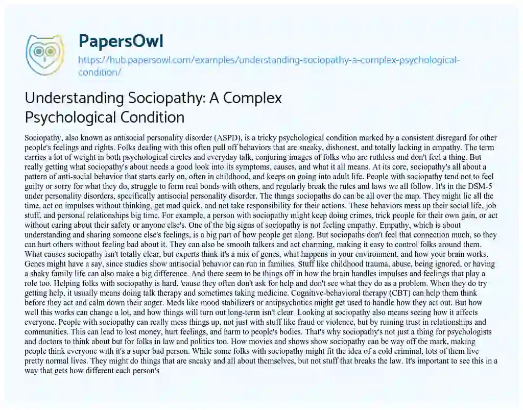Essay on Understanding Sociopathy: A Complex Psychological Condition