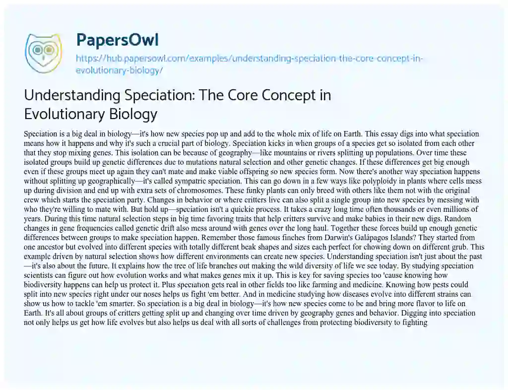 Essay on Understanding Speciation: The Core Concept in Evolutionary Biology