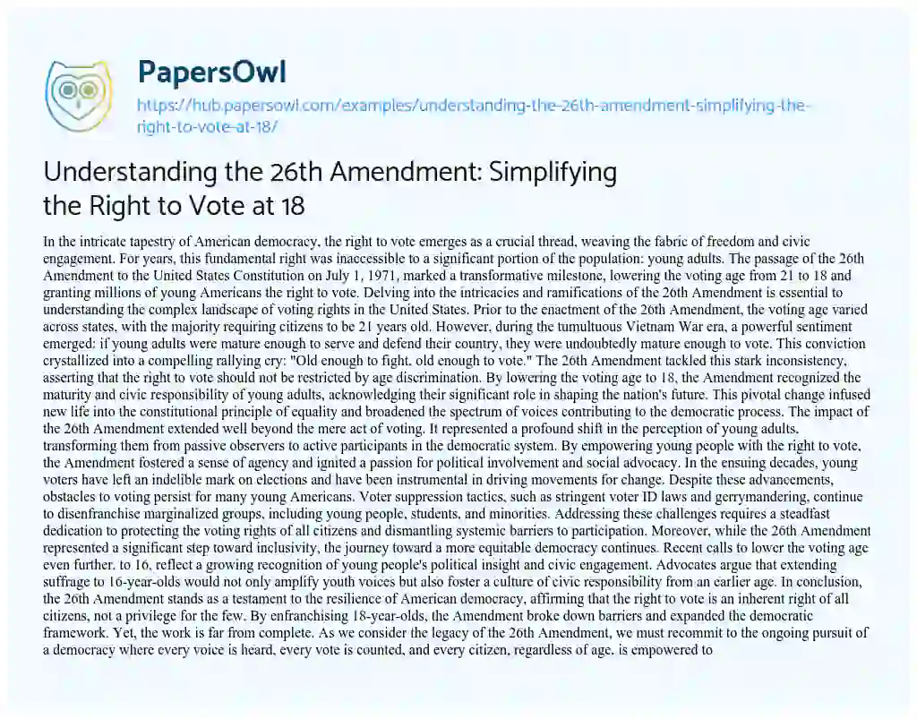 Essay on Understanding the 26th Amendment: Simplifying the Right to Vote at 18