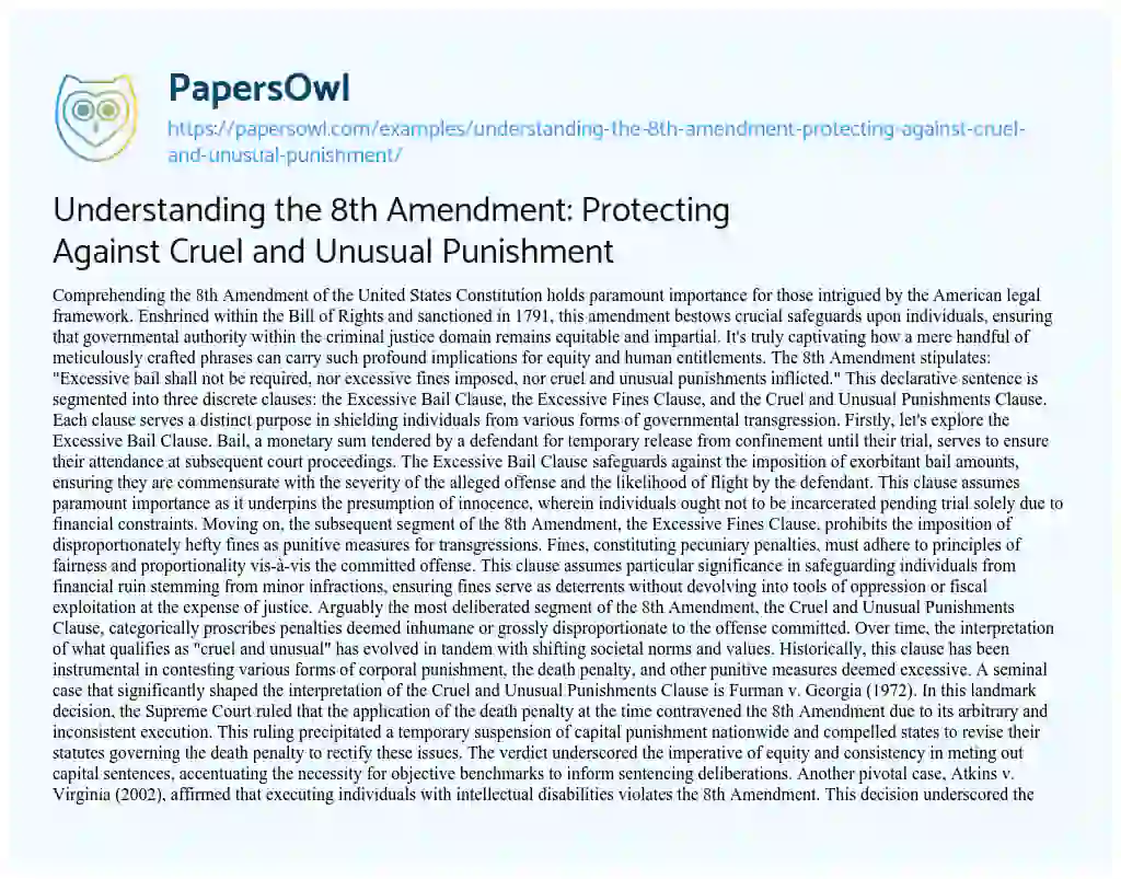 Essay on Understanding the 8th Amendment: Protecting Against Cruel and Unusual Punishment