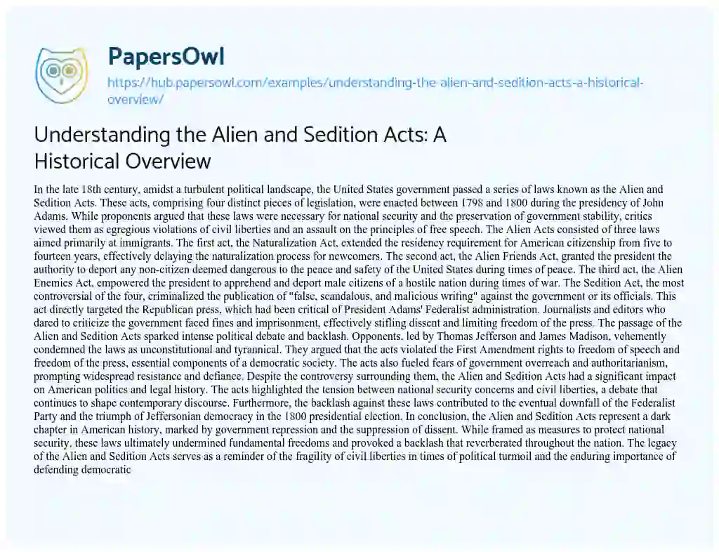 Essay on Understanding the Alien and Sedition Acts: A Historical Overview