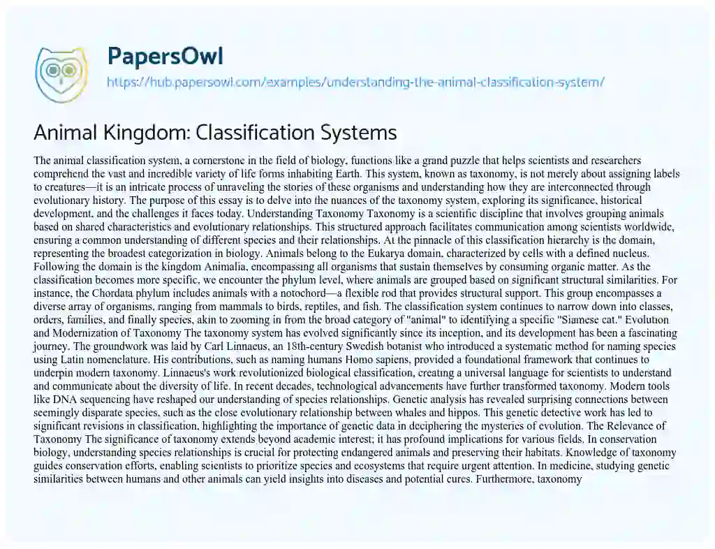Essay on Animal Kingdom: Classification Systems