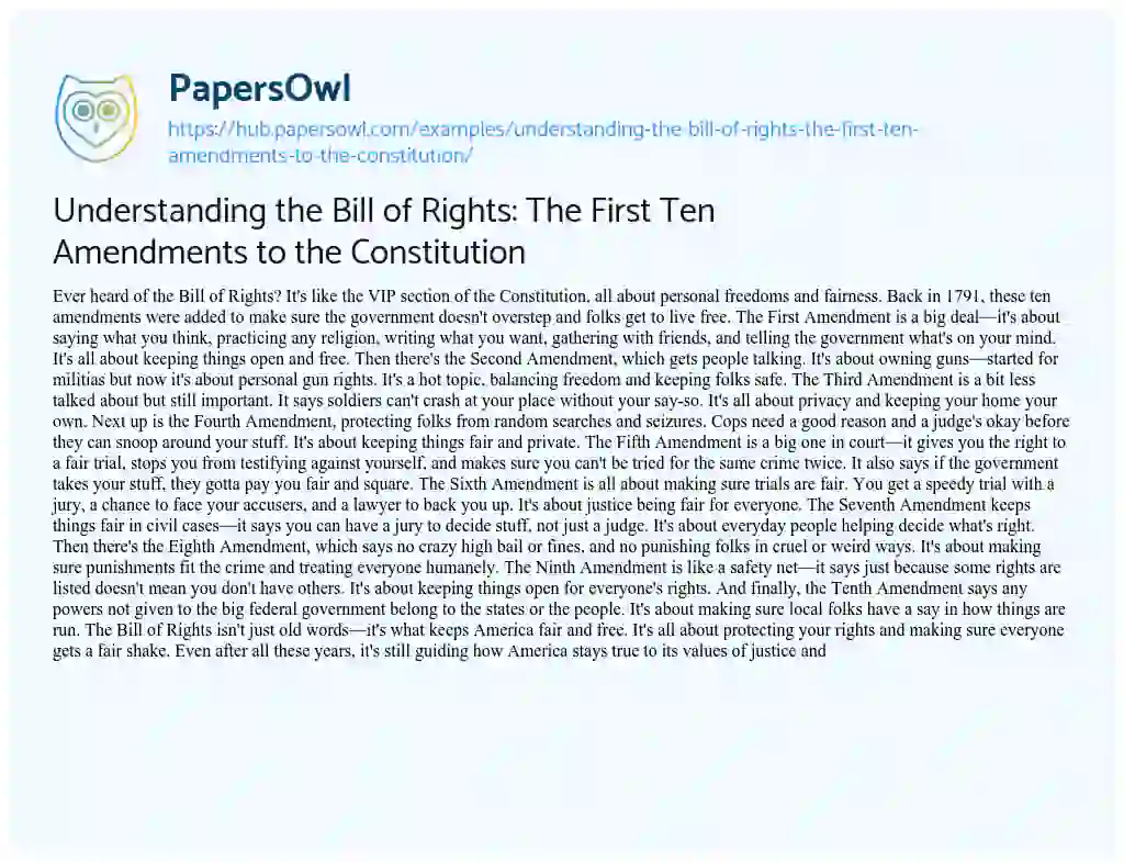 Essay on Understanding the Bill of Rights: The First Ten Amendments to the Constitution