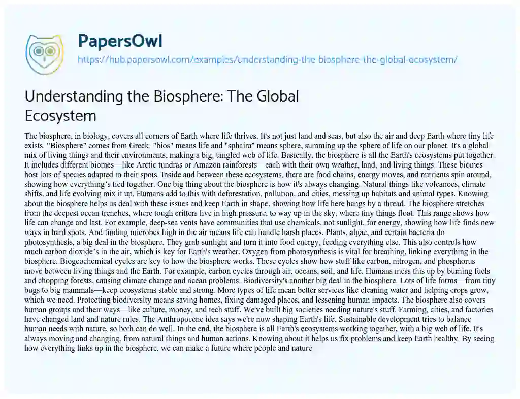 Essay on Understanding the Biosphere: The Global Ecosystem