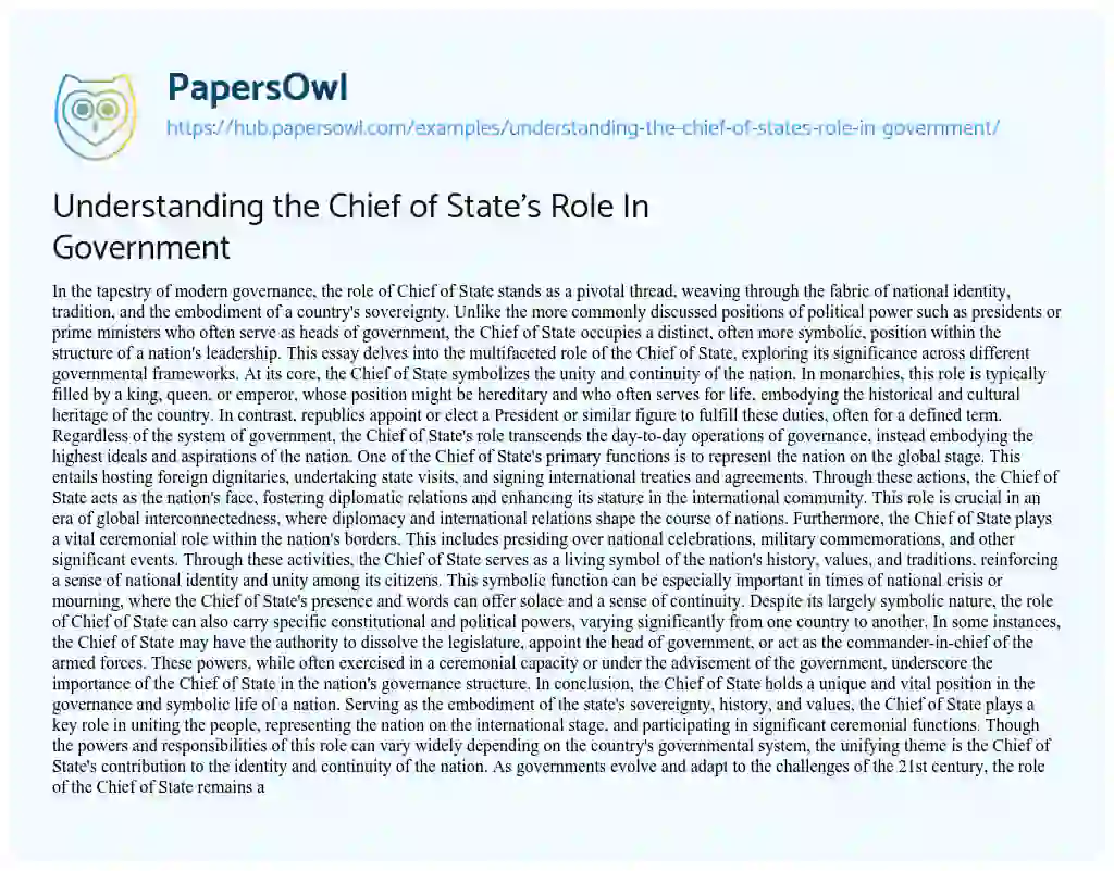 Essay on Understanding the Chief of State’s Role In Government
