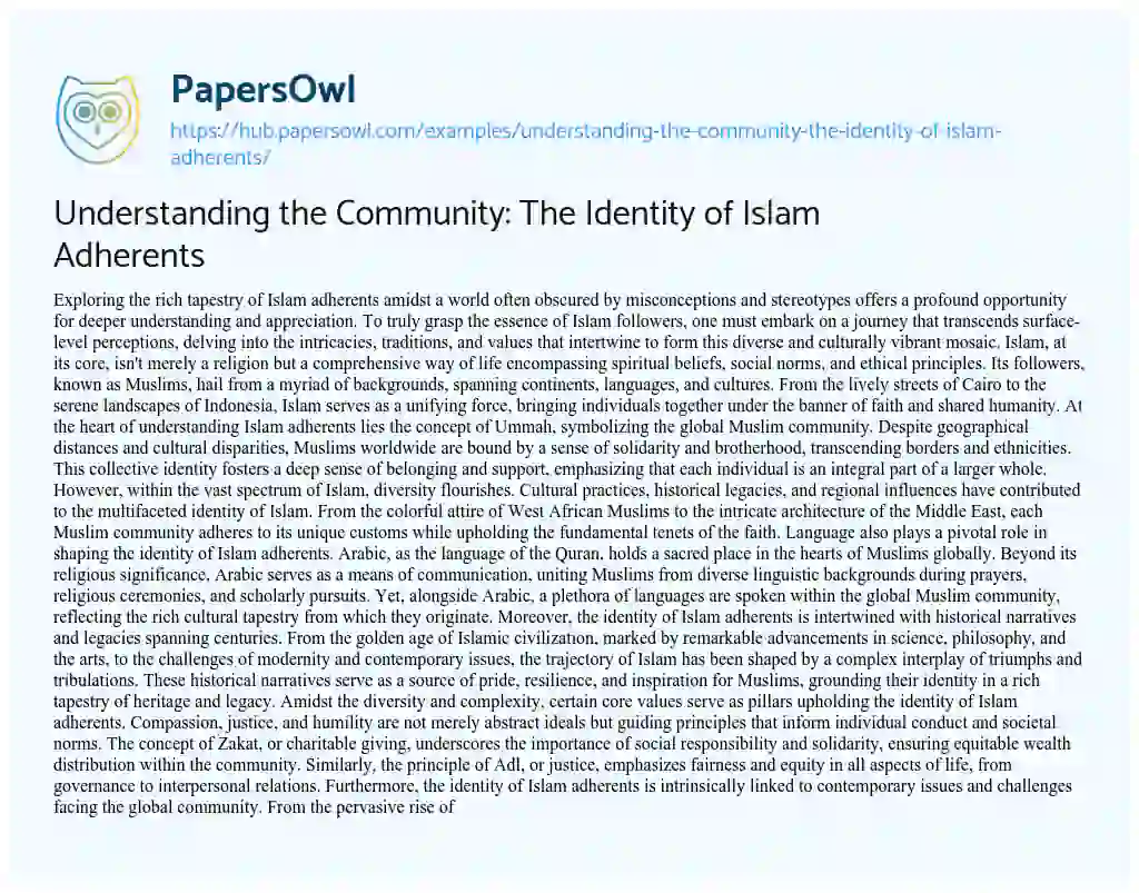 Essay on Understanding the Community: The Identity of Islam Adherents