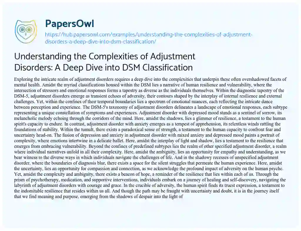 Essay on Understanding the Complexities of Adjustment Disorders: A Deep Dive into DSM Classification
