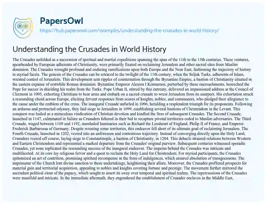 Essay on Understanding the Crusades in World History