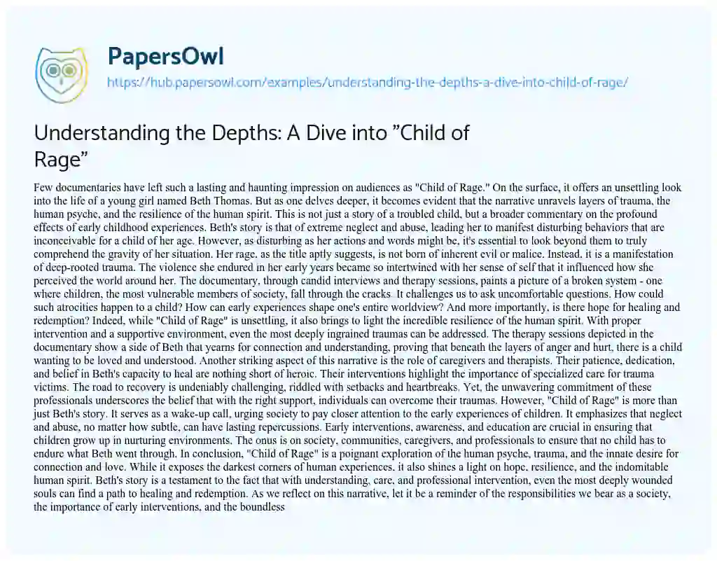 Essay on Understanding the Depths: A Dive into “Child of Rage”