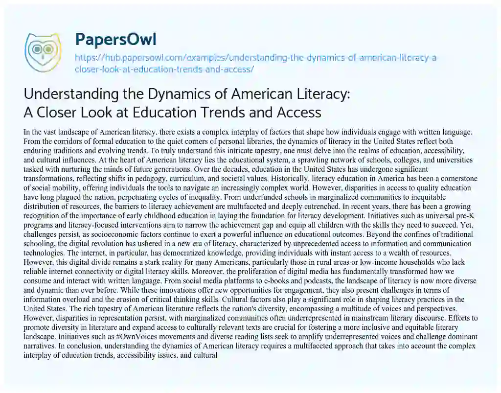 Essay on Understanding the Dynamics of American Literacy: A Closer Look at Education Trends and Access