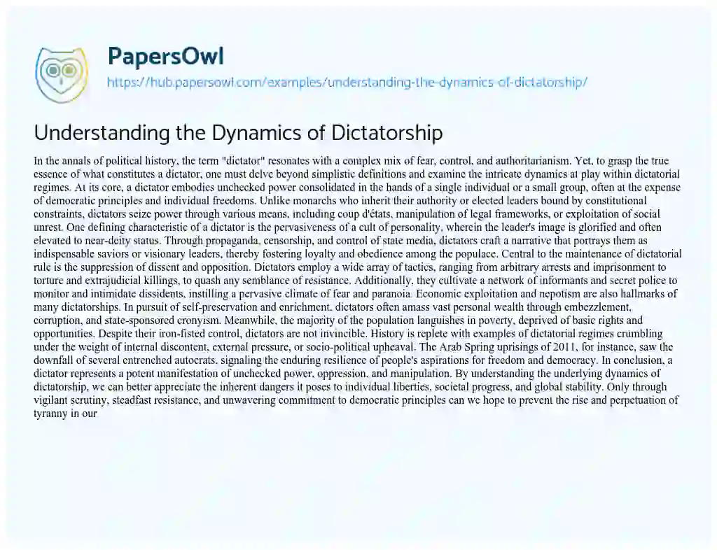 Essay on Understanding the Dynamics of Dictatorship