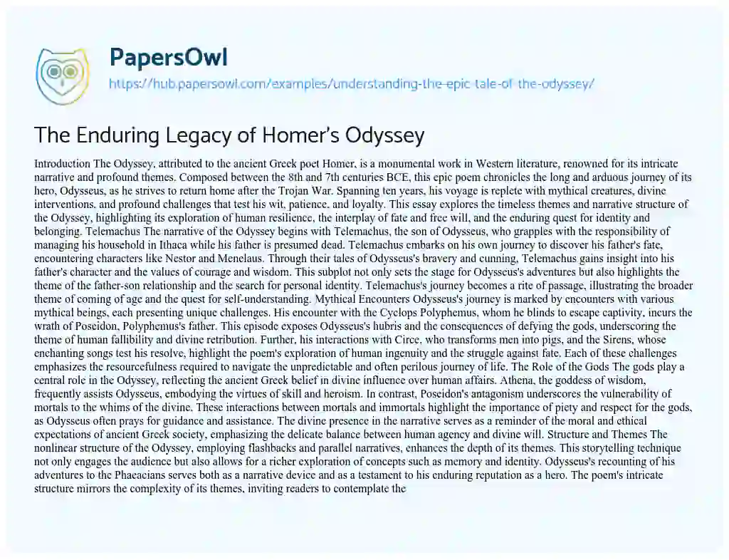 Essay on The Enduring Legacy of Homer’s Odyssey
