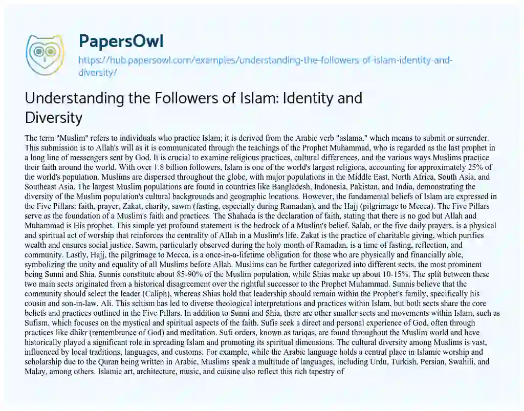 Essay on Understanding the Followers of Islam: Identity and Diversity