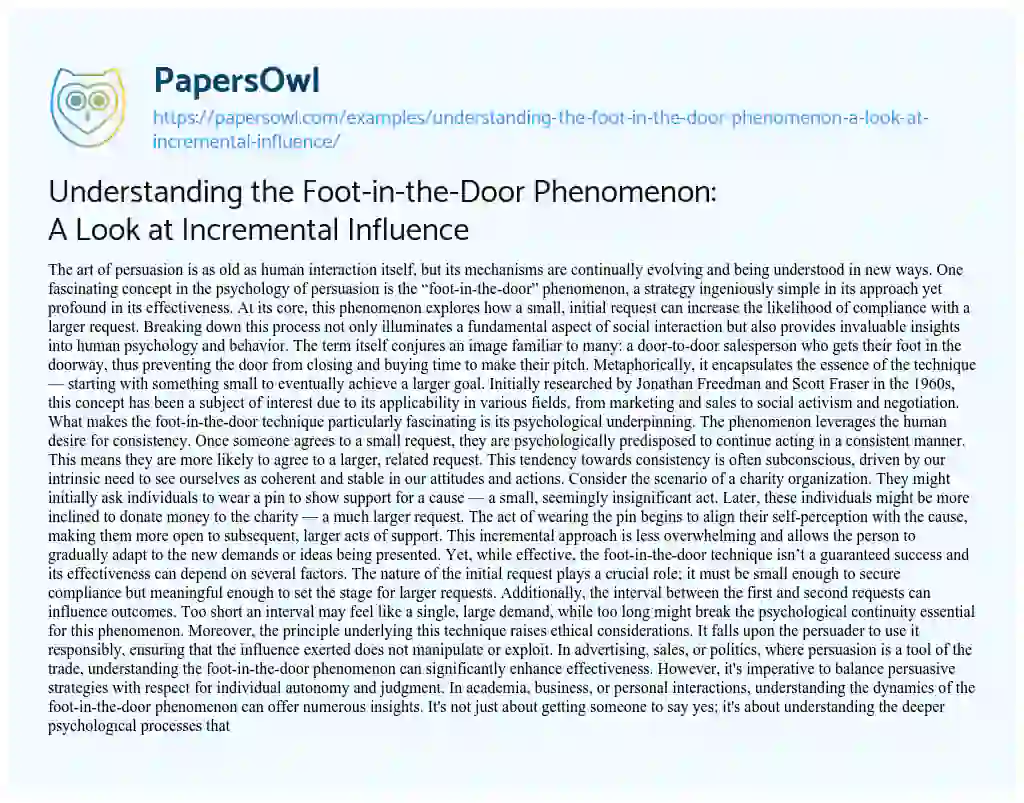 Essay on Understanding the Foot-in-the-Door Phenomenon: A Look at Incremental Influence