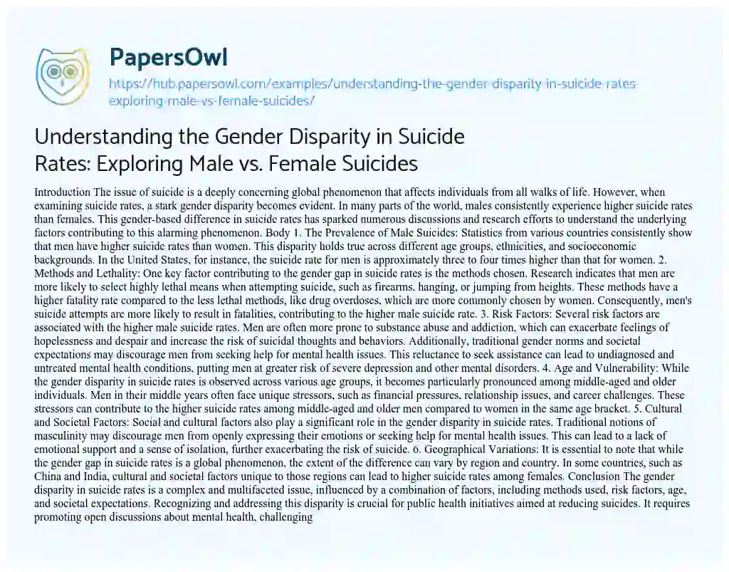 Essay on Understanding the Gender Disparity in Suicide Rates: Exploring Male vs. Female Suicides