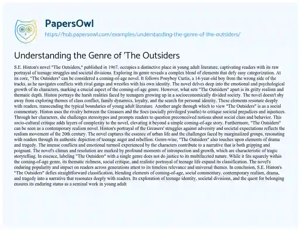 Essay on Understanding the Genre of ‘The Outsiders