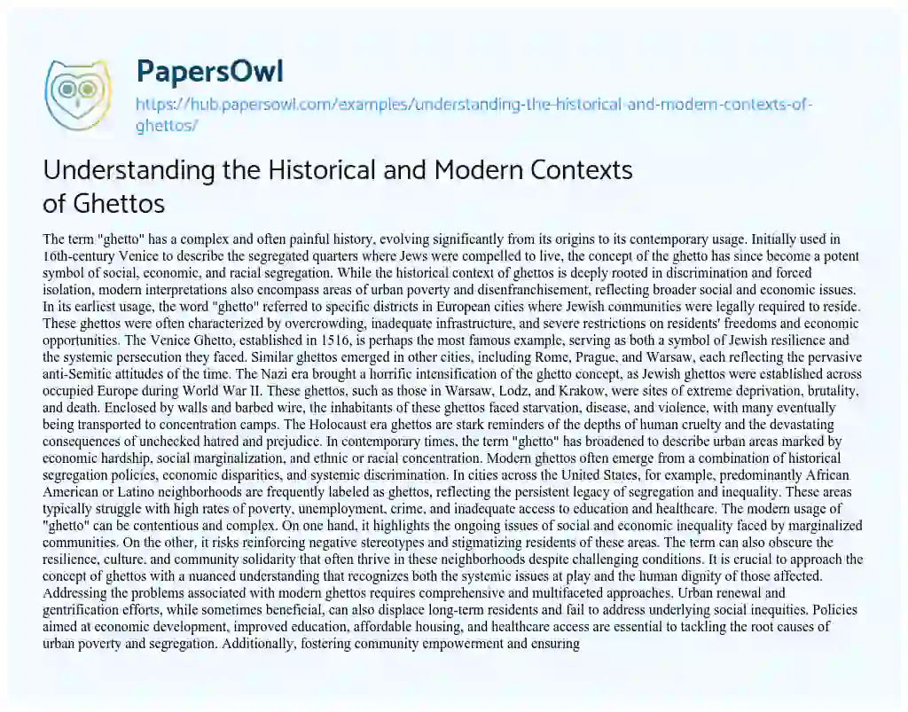 Essay on Understanding the Historical and Modern Contexts of Ghettos