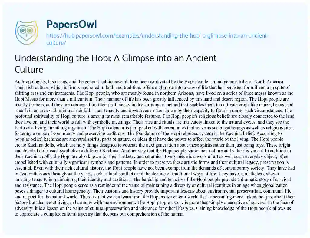 Essay on Understanding the Hopi: A Glimpse into an Ancient Culture