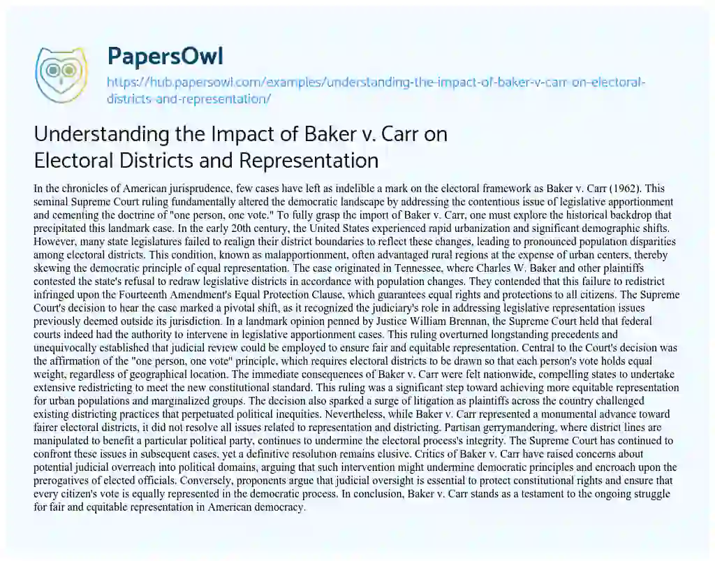 Essay on Understanding the Impact of Baker v. Carr on Electoral Districts and Representation